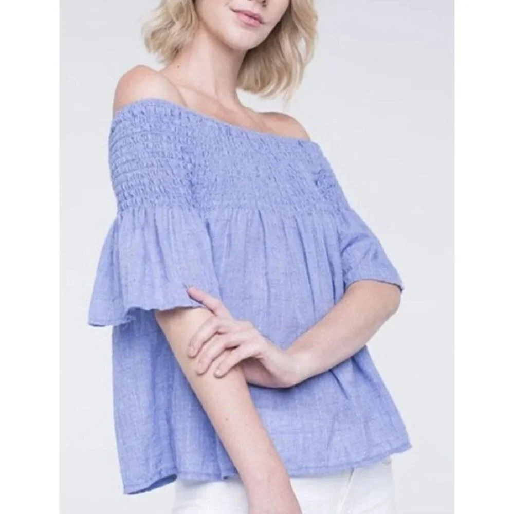 Liverpool Off The Shoulder Top Blue Chambray Smocked Short Sleeve Small Casual - Picture 4 of 16